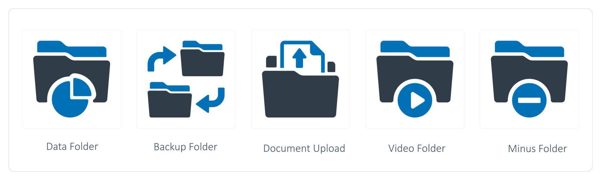 en uppsättning av 5 mapp ikoner sådan som data mapp, säkerhetskopiering mapp och dokumentera ladda upp vektor