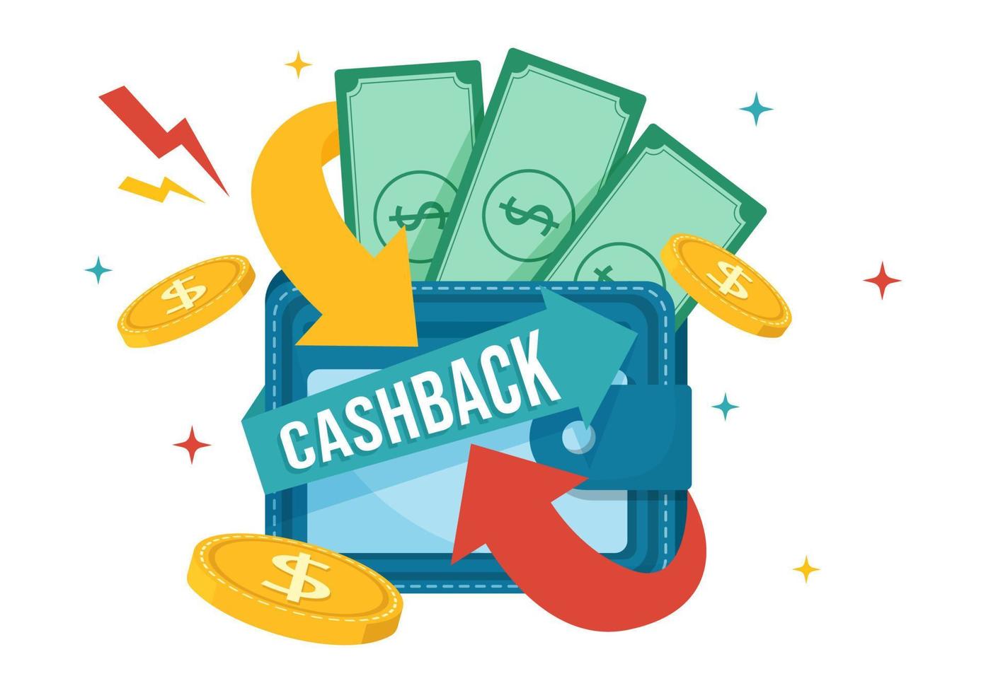 Cashback Illustration mit finanziell Zahlung zu Geld Kasse zurück Bedienung zum ein Käufer im eben Karikatur Hand gezeichnet zum Landung Seite Vorlagen vektor