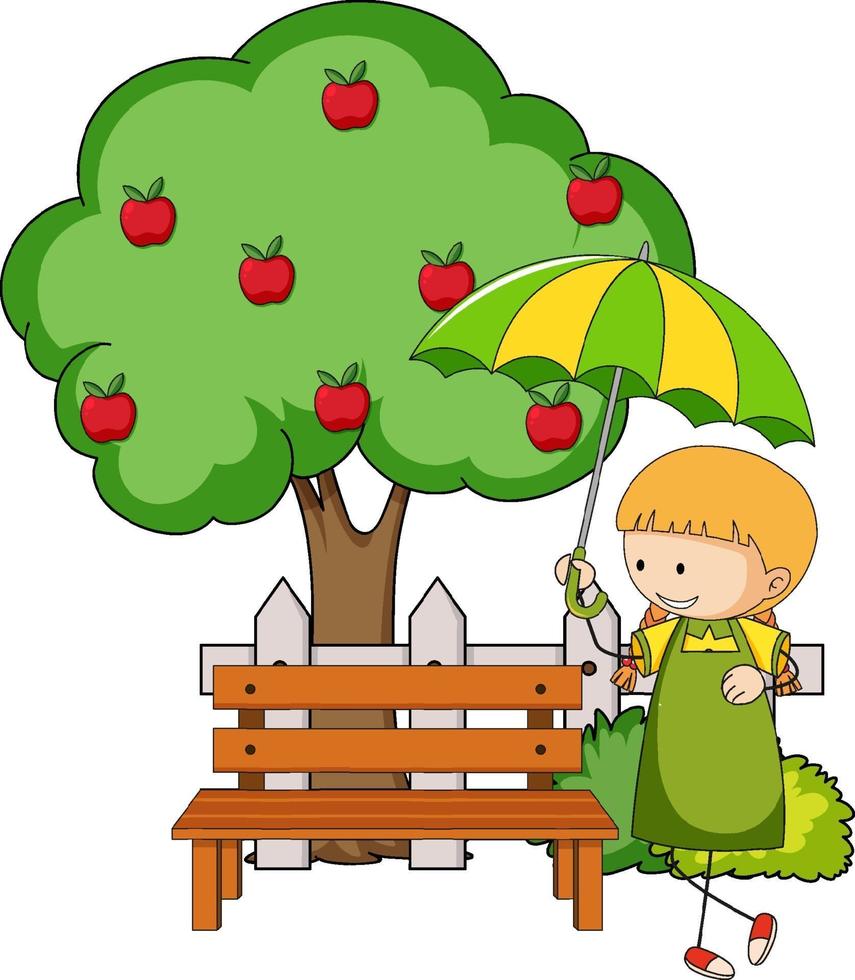 doodle seriefigur en flicka som håller ett paraply med äppelträd vektor