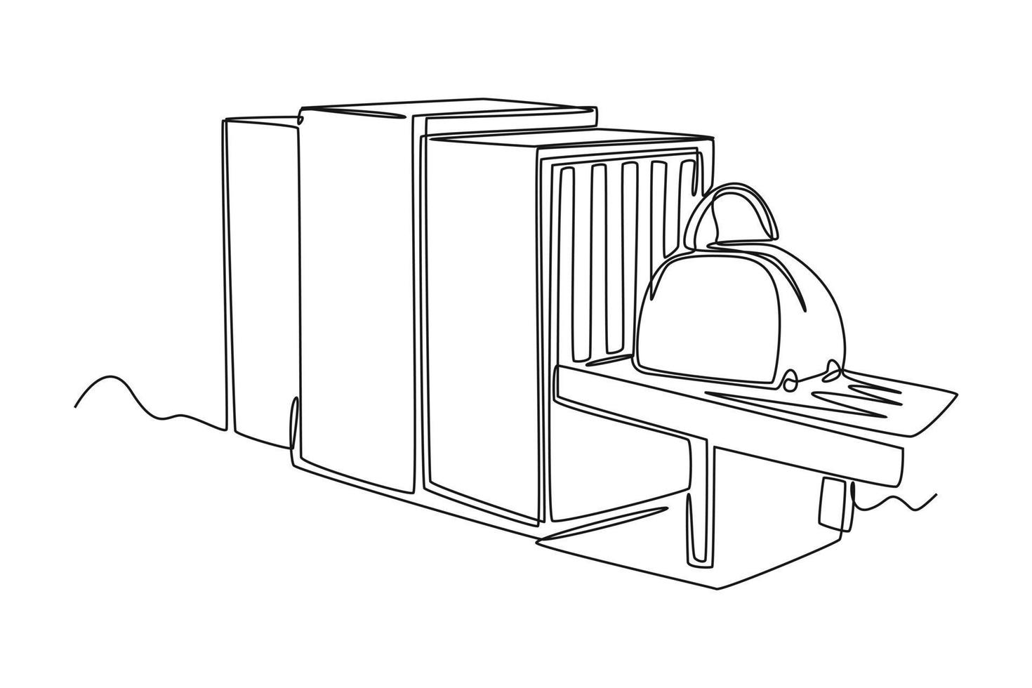 kontinuerlig ett linje teckning de röntgen skanna i de flygplats terminal, kontroll de påsar med bagage rörelse . flygplats aktiviteter begrepp. enda linje dra design vektor grafisk illustration.