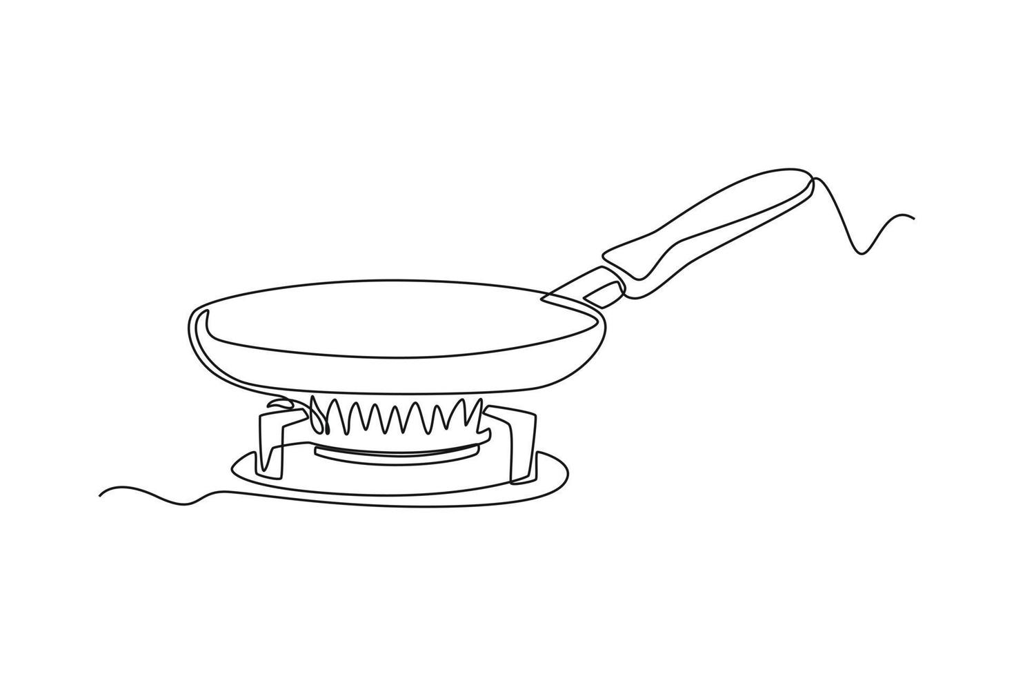 enda en linje teckning panorera på de brinnande spis. kök rum begrepp kontinuerlig linje dra design grafisk vektor illustration