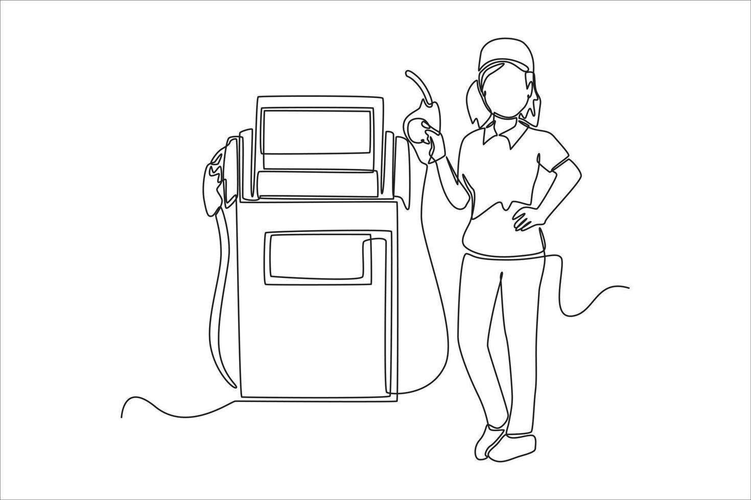 enda en linje teckning kvinna gas station skötare tjänande de förare. gas station begrepp kontinuerlig linje dra design grafisk vektor illustration