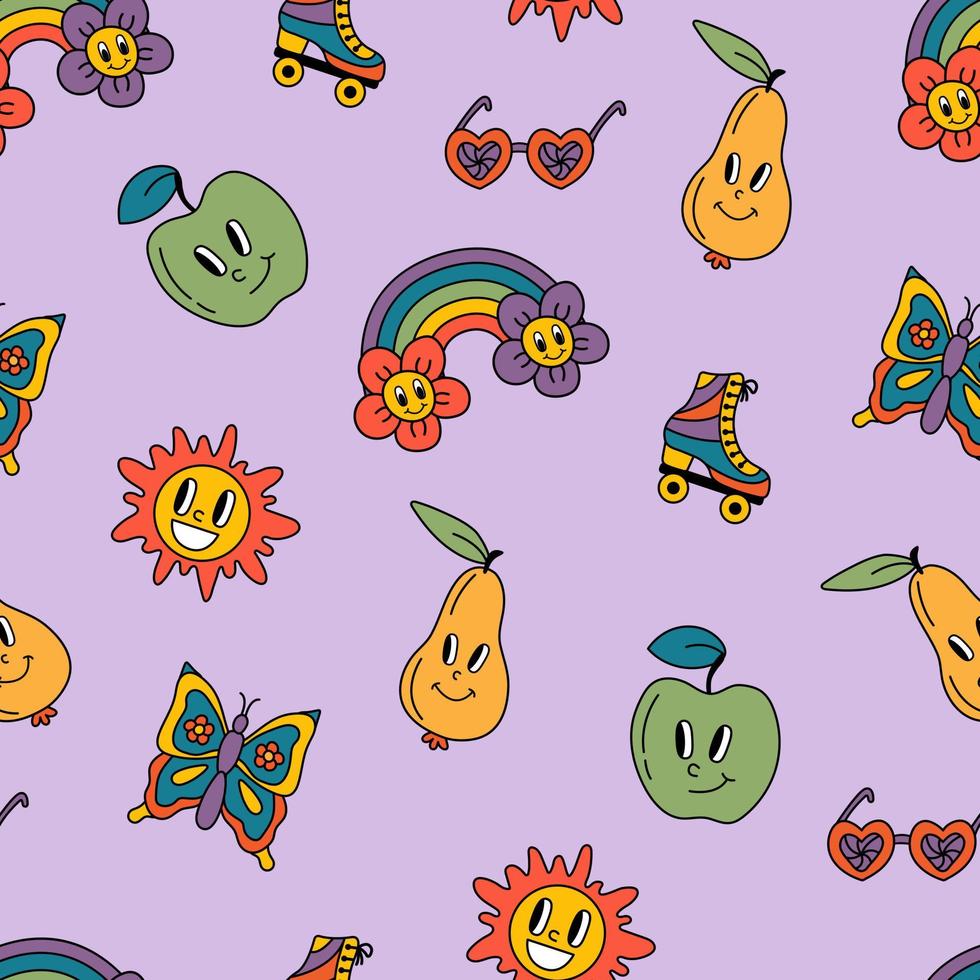 retro nahtlos Muster, groovig Hippie Hintergründe. Karikatur funky drucken mit Birnen, Äpfel, Schmetterlinge, Herzen, Sonne, Walzen Muster. vektor
