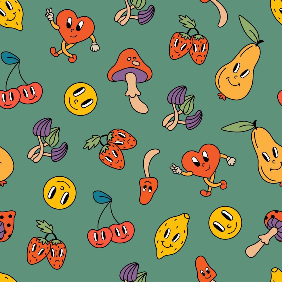 nahtlos Muster im retro Stil. Birnen, Zitronen, Erdbeeren, Kirschen, Pilze, Herzen. Design zum Stoff, Textil, Hintergrund, Verpackung. vektor