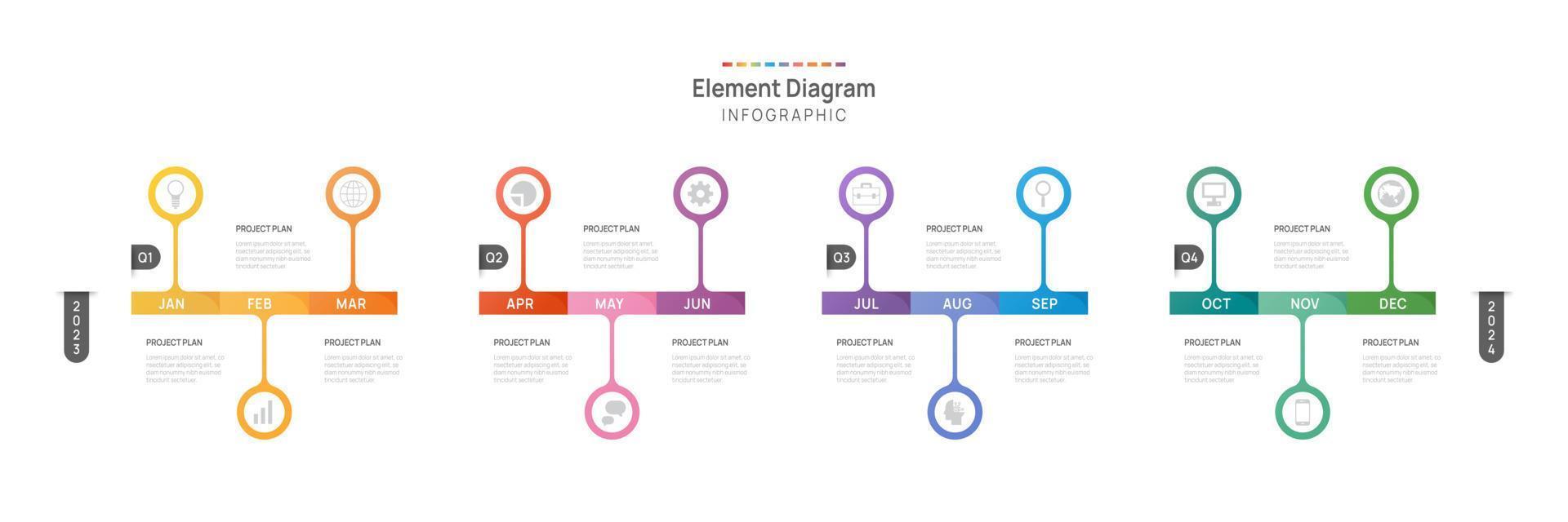 infographic mall för företag. 12 månader modern tidslinje element diagram kalender, 4 fjärdedel steg milstolpe presentation vektor infografik.