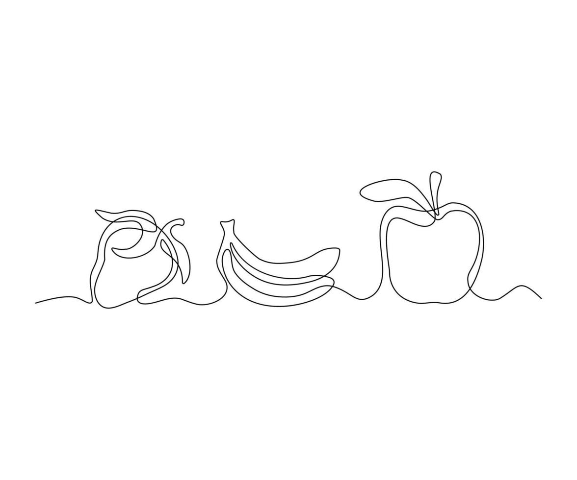 frukt uppsättning, banan, äpple, jordgubb kontinuerlig ett linje teckning vektor