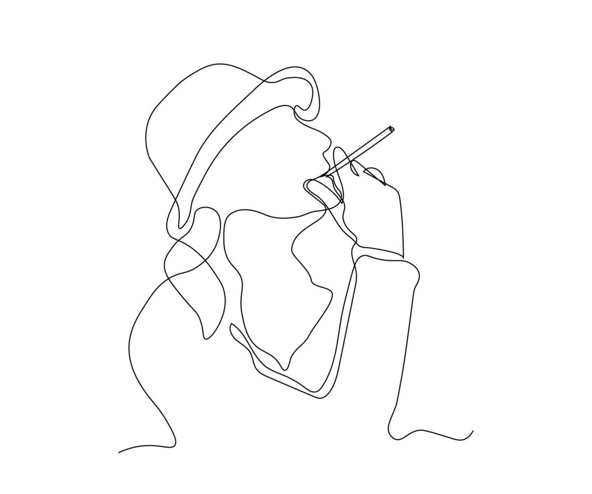 abstrakt flicka i en hatt, lady med en cigarett kontinuerlig på linje teckning vektor