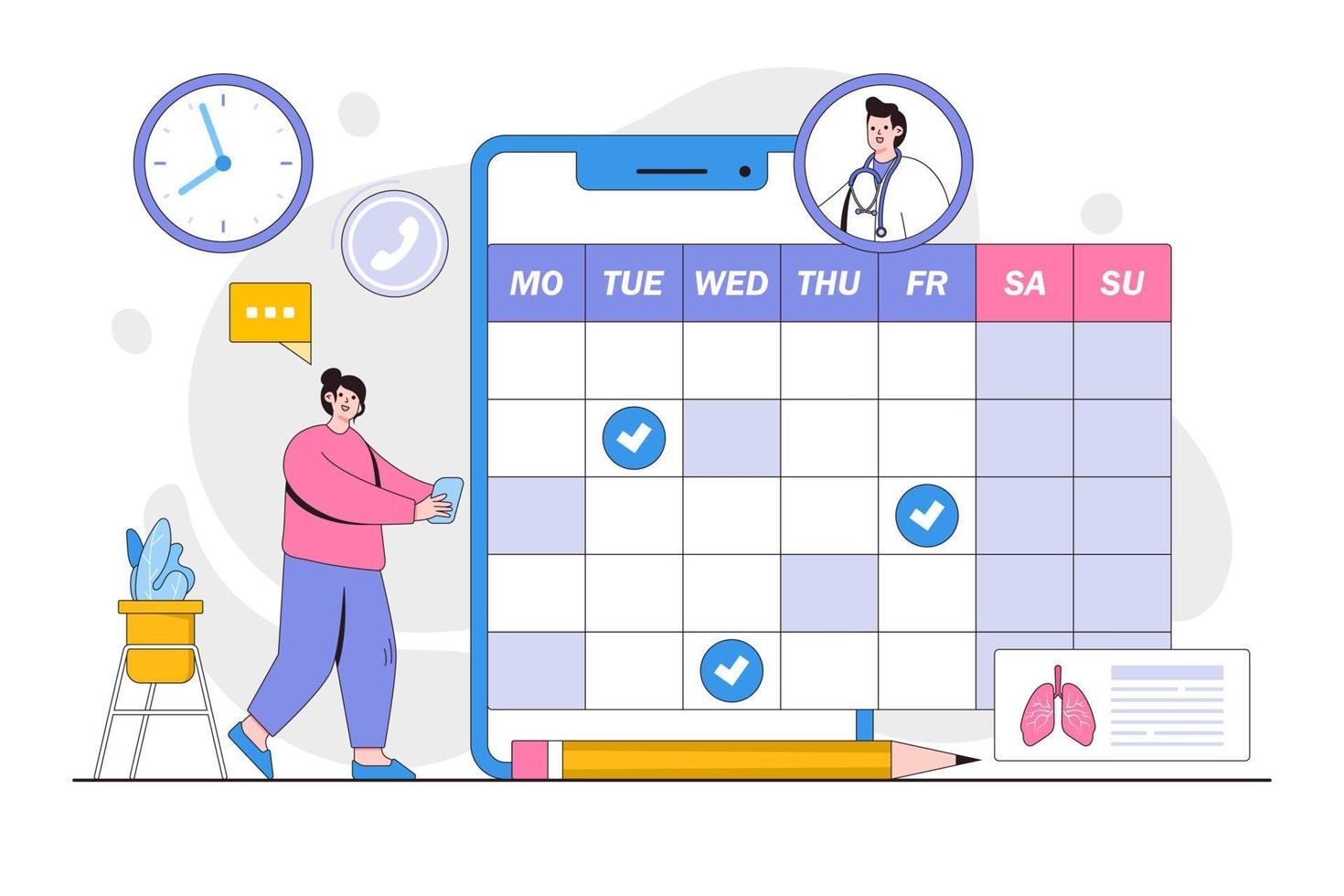 patient schemaläggning möte begrepp med läkare uppkopplad tecknad serie karaktär. kvinna framställning utnämning med terapeut via smartphone telehälsa Ansökan. minimal vektor illustration för landning sida