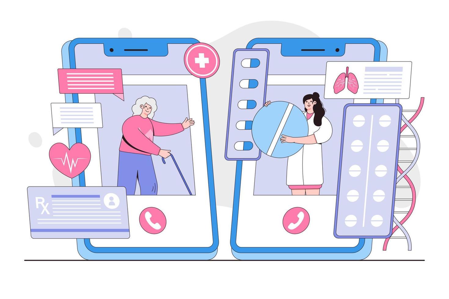 online Arzt und Telemedizin Konzept. Senior Frau verbinden mit weiblich Arzt mit Smartphone App und haben Fachmann medizinisch Beratung. minimal Vektor Illustration zum Landung Seite