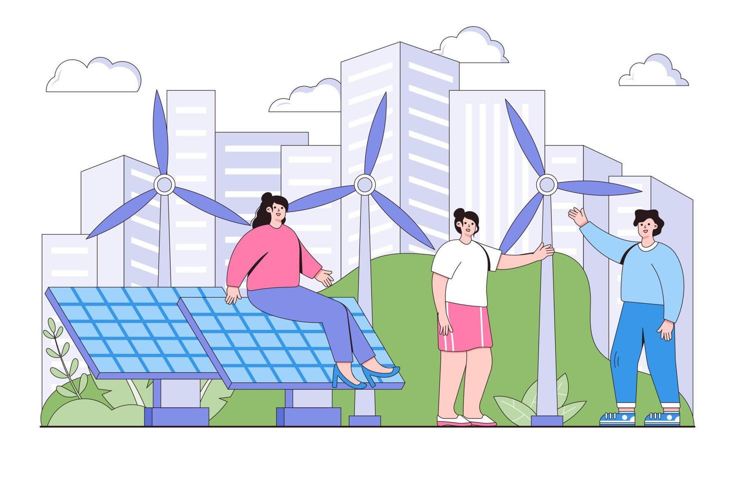 technologisch Solar- Elektrizität, Öko sauber modern elektrisch Leistung Konzept. Menschen Zeichen mit groß Solar- Panel im Stadt Park. Umwelt und Erde Tag Vektor Karikatur Illustration zum Landung Seite