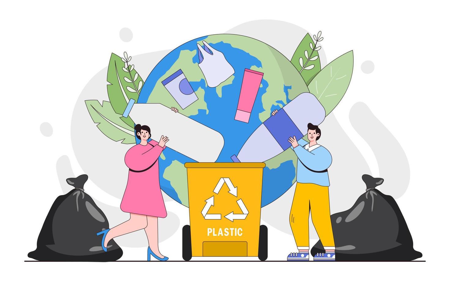Plastik Verschmutzung Problem Konzept. Menschen Sammeln und Sortierung Plastik Müll in Recycling Müll Behälter. Umwelt und Erde Tag Vektor Karikatur Illustration zum Landung Buchseite, Held Bilder