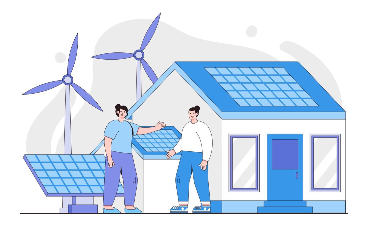 förnybar energi och smart teknologi begrepp. väderkvarnar och hus med sol- panel på taket. miljö- och jord dag vektor tecknad serie illustration för landning sida, webb baner, hjälte bilder