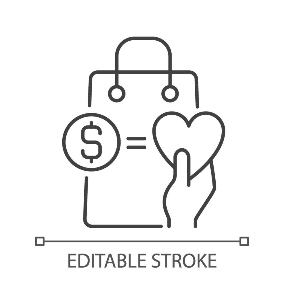 pengar från inköp som går till välgörenhet svart linjär ikon för ljus tema vektor