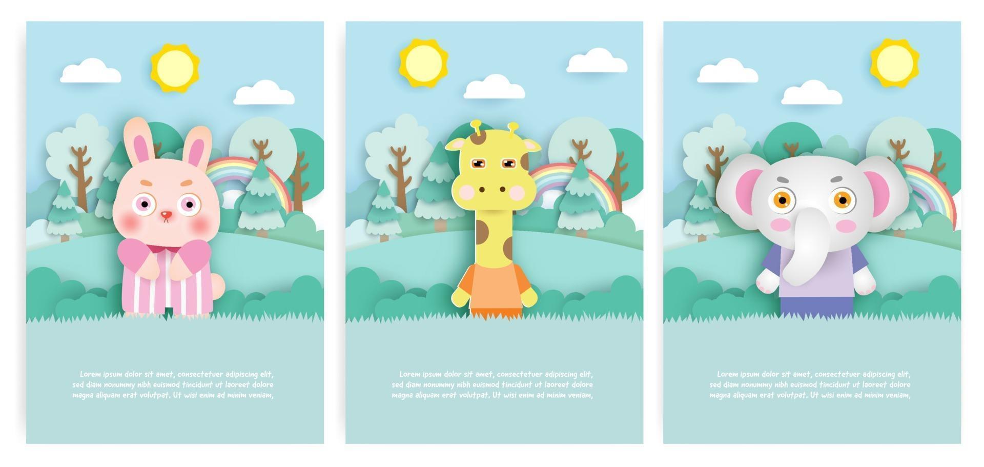 uppsättning födelsedagskort med söt kanin, giraff och elefant i skogen i pappersskuren stil. vektor