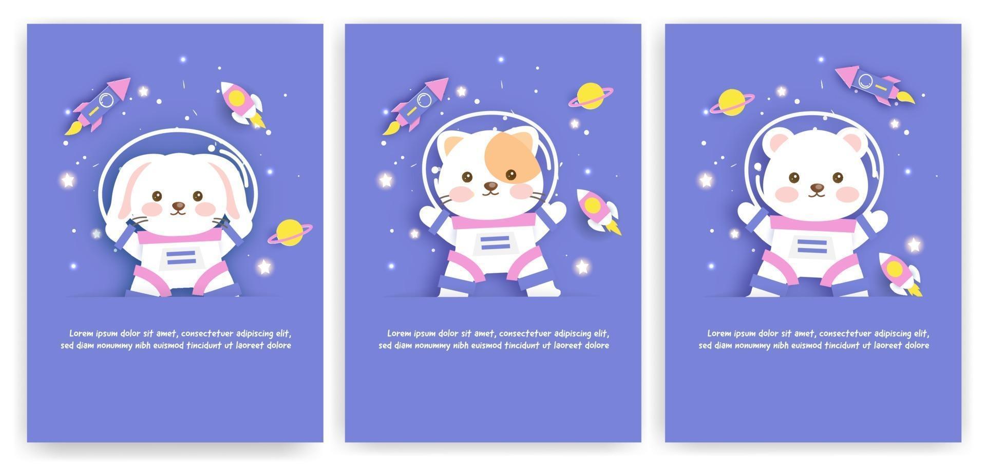 uppsättning baby shower gratulationskort med söta djur i rymden vektor