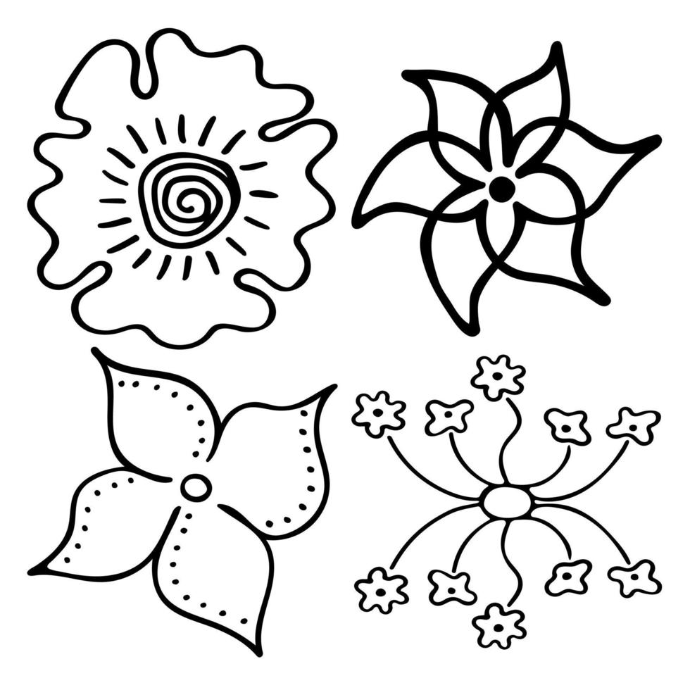 skizzieren Sie Gekritzelumrissblumen. handgezeichnete zeichnung von pflanzenknospen während der blüte. Blütenblatt-Silhouetten. isolierter Vektor. vektor
