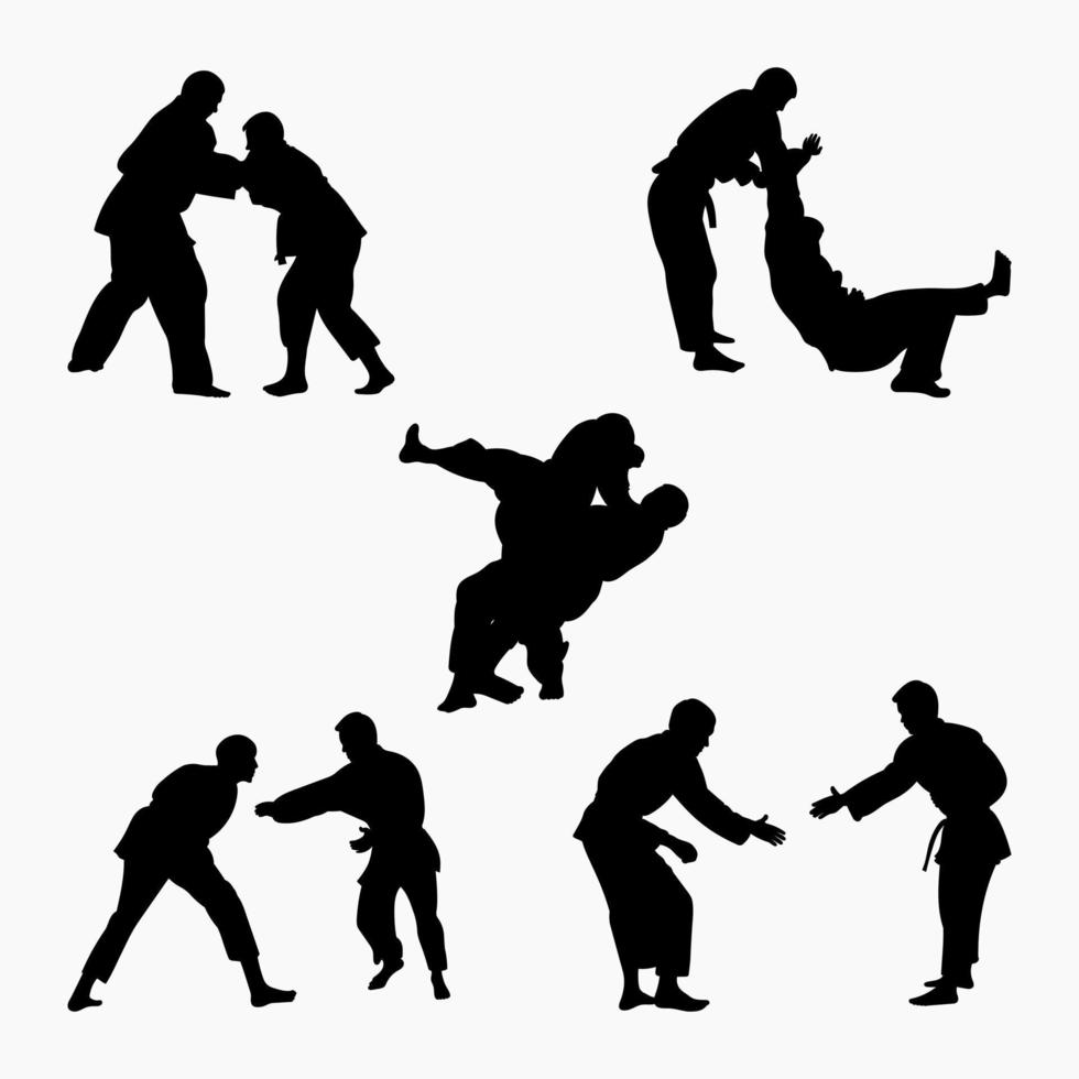 Silhouetten Jude, Judoka, Kämpfer im ein Duell, Streit, Judo Sport. kriegerisch Kunst. Sportlichkeit. Sport Silhouetten Pack vektor
