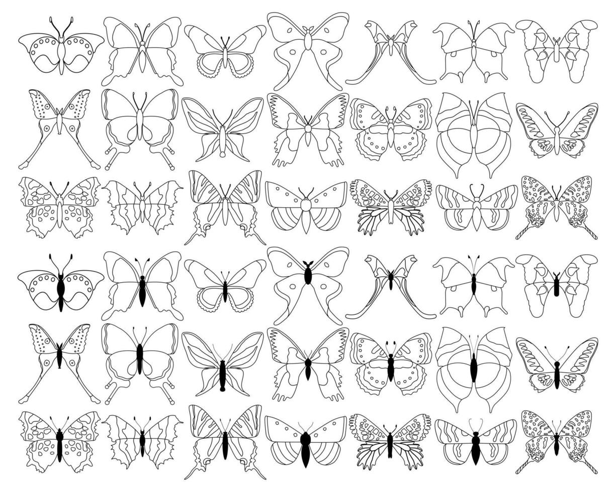 stor uppsättning fjärilar på en vit bakgrund, teckning dekorativ insekt, silhuetter hand dra, isolerat vektor