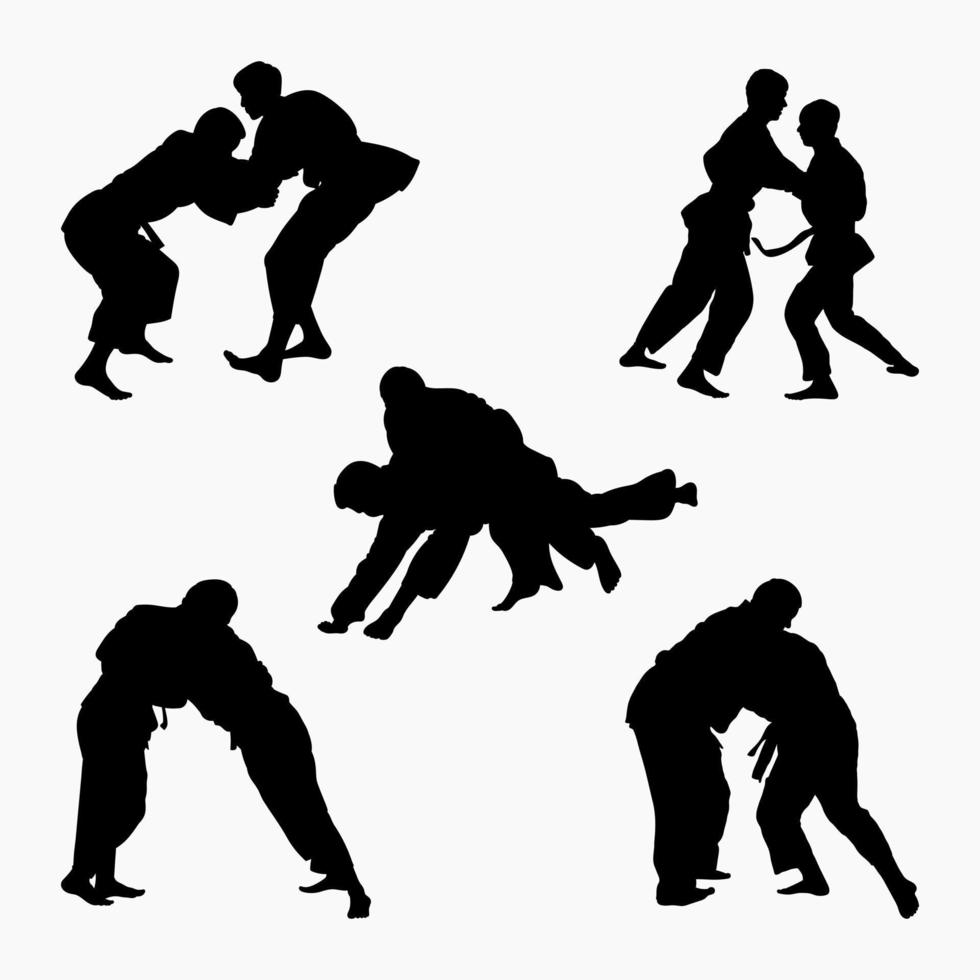 Silhouetten Jude, Judoka, Kämpfer im ein Duell, Streit, Judo Sport. kriegerisch Kunst. Sportlichkeit. Sport Silhouetten Pack vektor