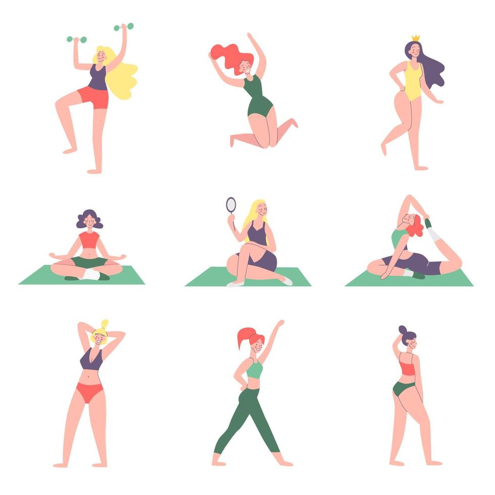 Körper positiv. glücklich Mädchen. Liebe Ihre Körper. Vielfalt von posiert und Gesten. dynamisch Leben. Sport, tanzen und Yoga. Vektor Illustration Konzept