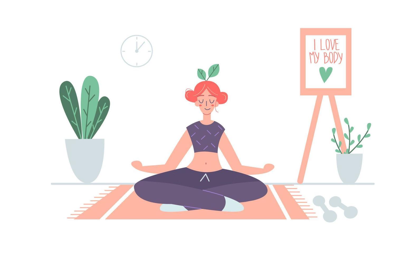 flicka håller på med yoga på Hem. kärlek din kropp. kropp positiv kvinna. Lycklig harmonisk meditation. vektor illustration yoga begrepp.