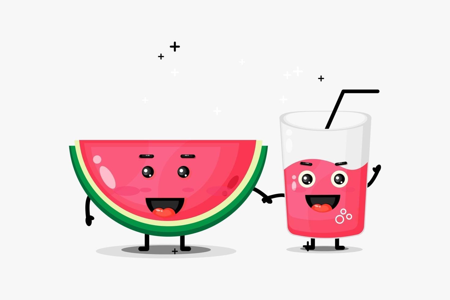 söt vattenmelon och vattenmelon juice maskot håller händer vektor