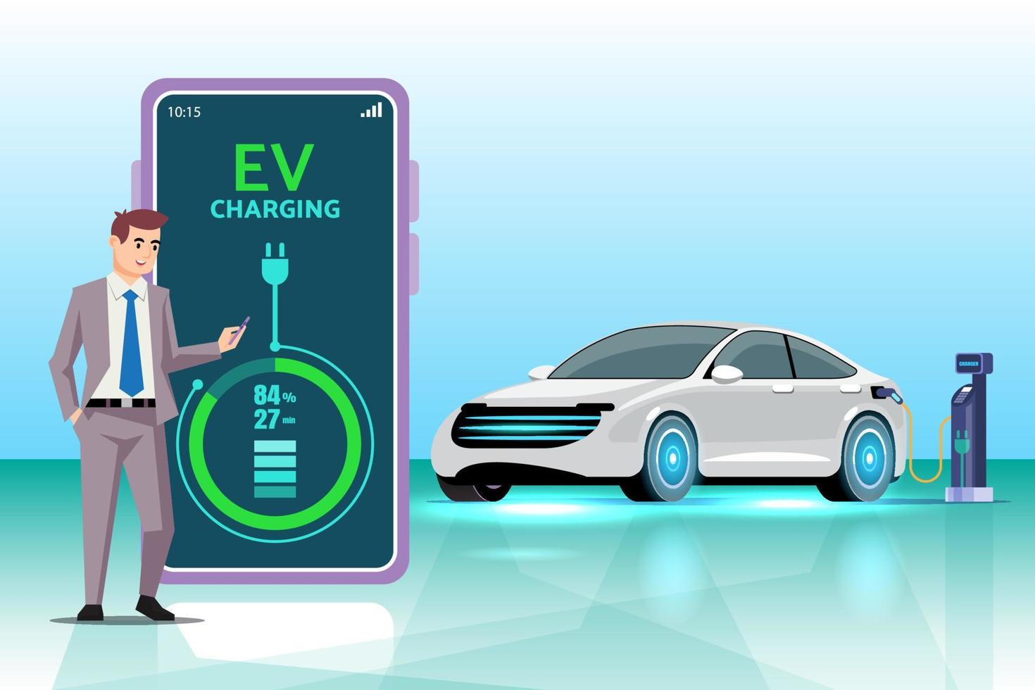 Handy, Mobiltelefon Anwendung Das erzählt das Laden Status von das elektrisch Fahrzeug. Handy, Mobiltelefon Anwendung zum ev Auto Management. Konzept von elektrisch Fahrzeug Aufladung. vektor