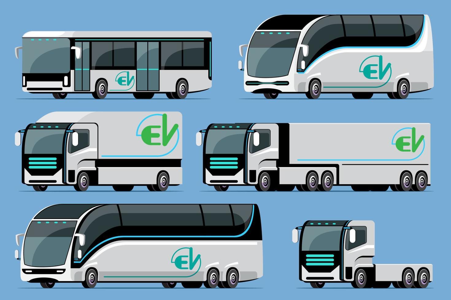 bil vektor mall på blå bakgrund. elektrisk buss, lastbil, elektrisk lastbil, trailer, bil i tecknad serie stil. för infografik, kommersiell, webb och spel design.