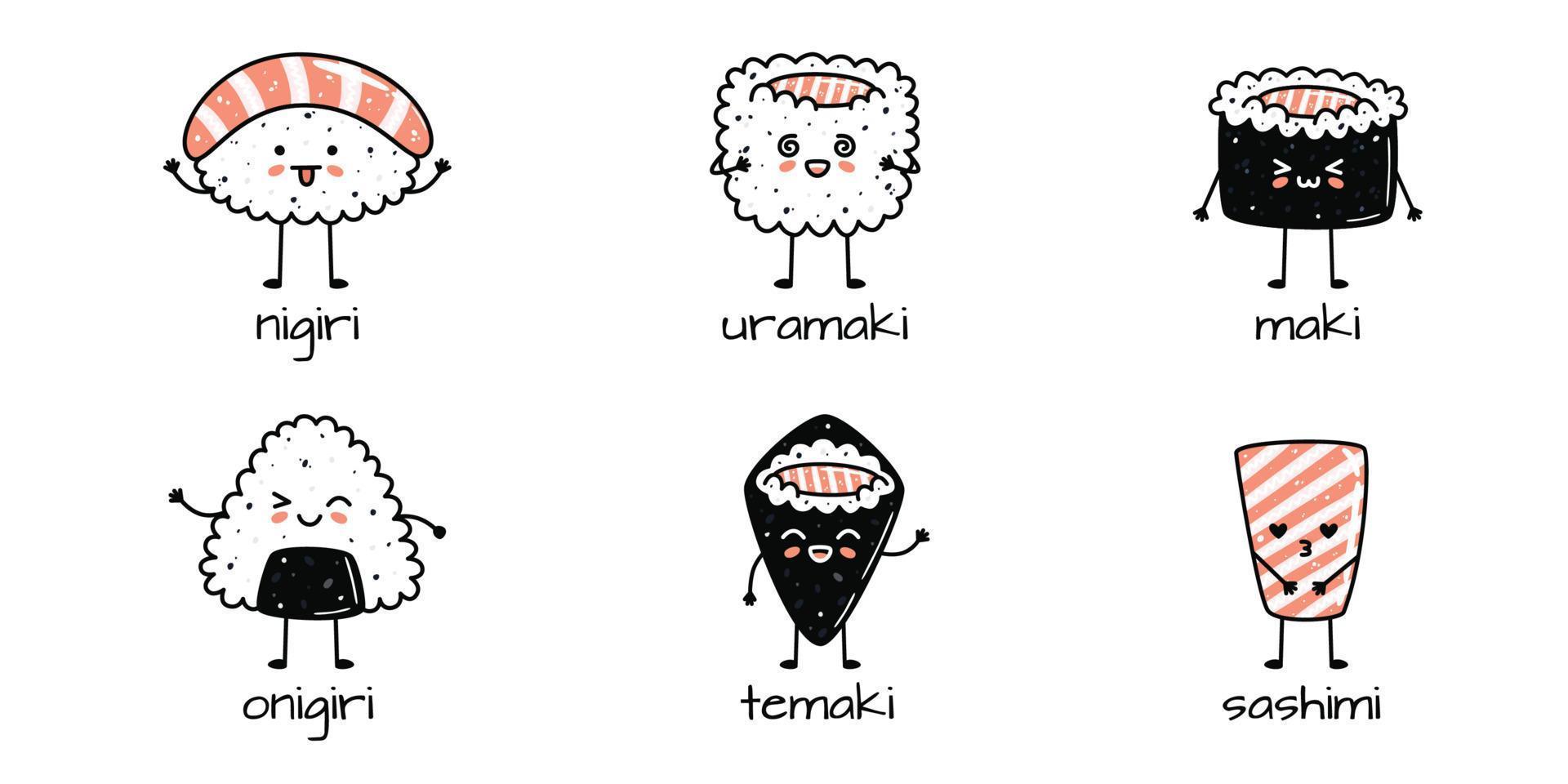 uppsättning av söt sushi maskotar i tecknad serie stil. annorlunda typer av sushi vektor