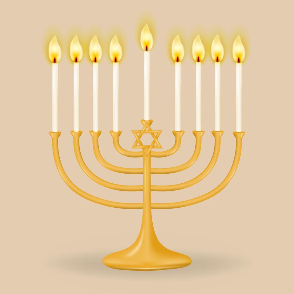 Gold Hanukkiah zum neun Kerzen auf ein Beige Hintergrund. Chanukka Leuchter im das bilden von ein Menora mit neun Geäst. perfekt zum Ihre Urlaub Entwürfe. Vektor Illustration.