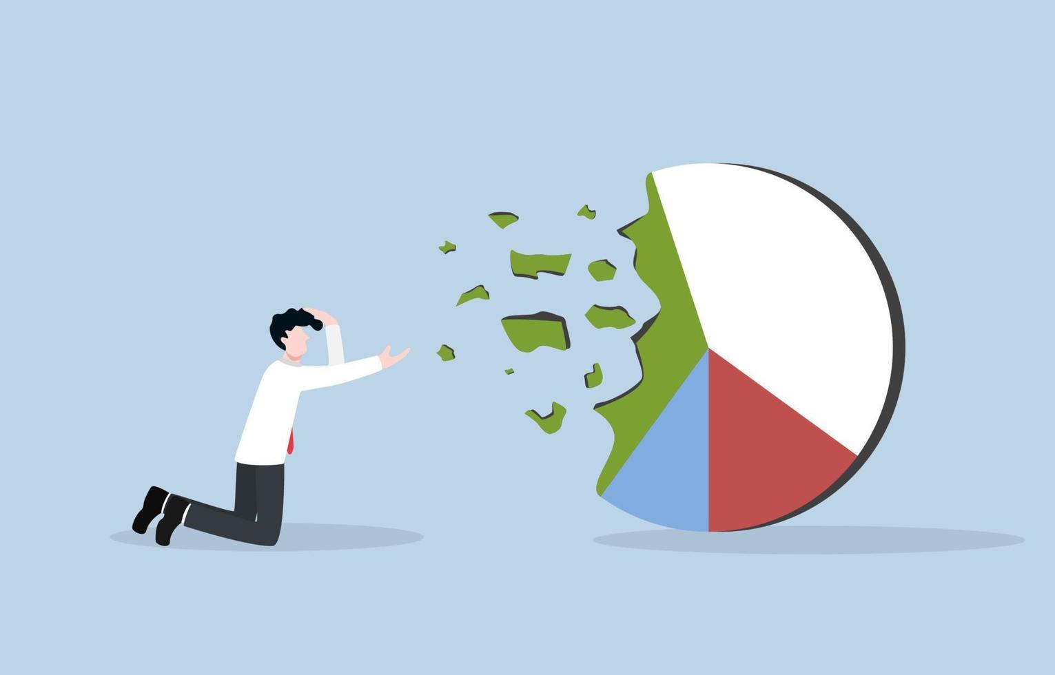 Verlust Geld fällig zu gescheitert Anlagegut Zuweisung, Arm Investition Strategie, enttäuscht Rückkehr von Fehler Diversifikation Konzept, Geschäftsmann Trauer Investition Kuchen Diagramm welche Fading weg. vektor