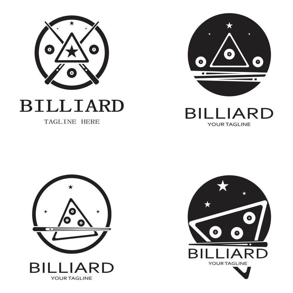 einfach Billard Logo Vorlage Illustration mit Billard- Bälle und Stöcke, Gestaltung zum Billard Stand, Billard Geschäft, Rechnungen Wettbewerb, mobil Billard Spiel, App, Abzeichen, Billard Sport, Vektor