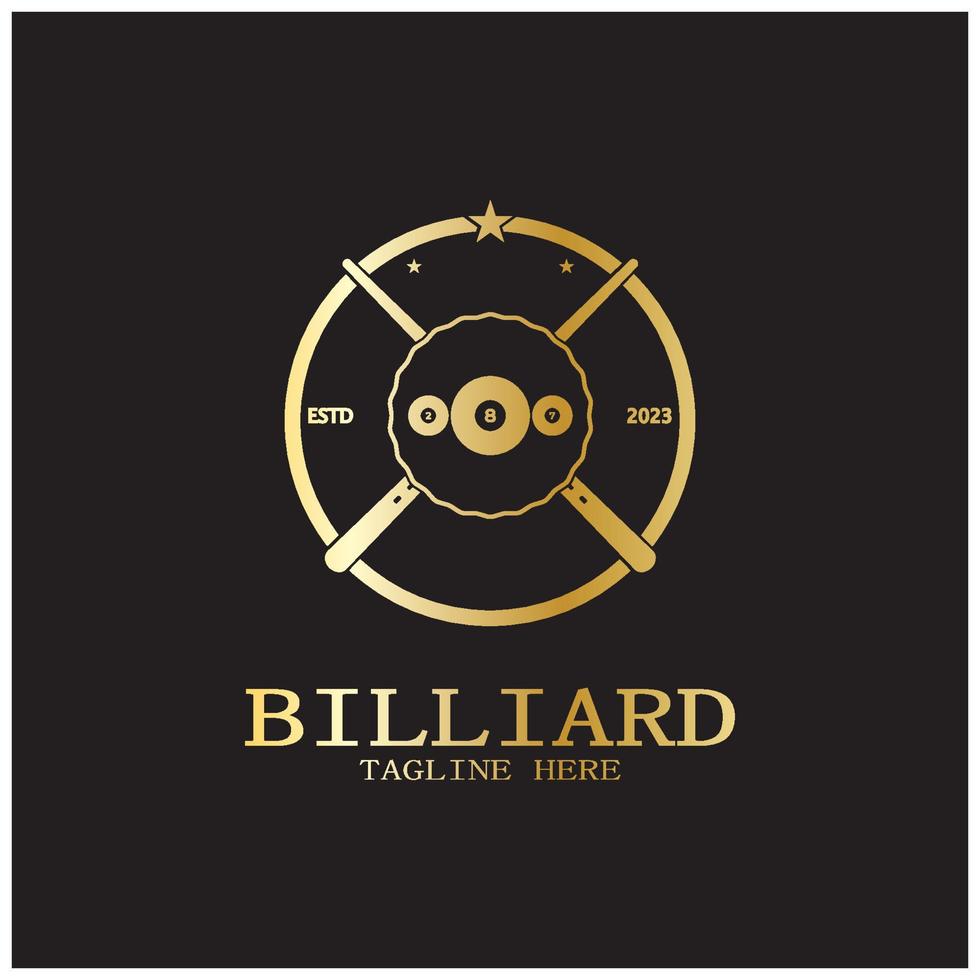 einfach Billard Logo Vorlage Illustration mit Billard- Bälle und Stöcke, Gestaltung zum Billard Stand, Billard Geschäft, Rechnungen Wettbewerb, mobil Billard Spiel, App, Abzeichen, Billard Sport, Vektor