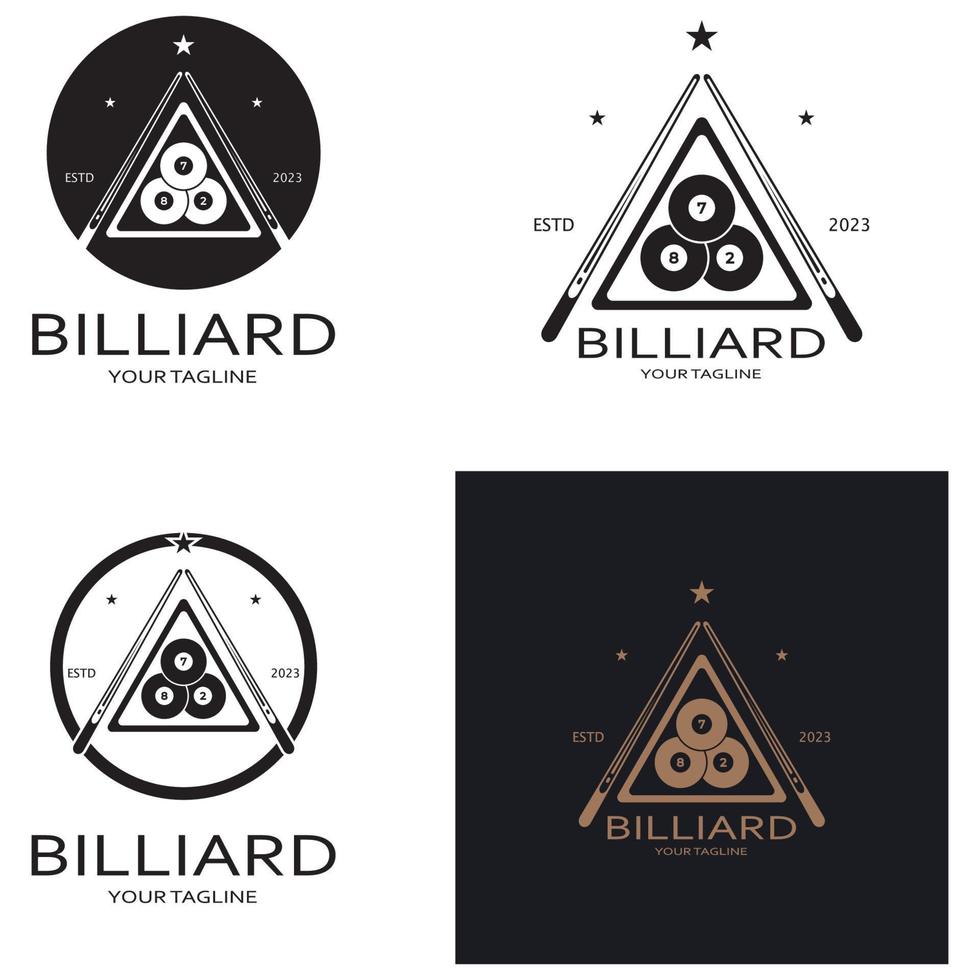 enkel biljard logotyp mall illustration med biljard bollar och pinnar, design för biljard monter, biljard affärer, räkningar konkurrens, mobil biljard spel, app, märke, biljard sport, vektor