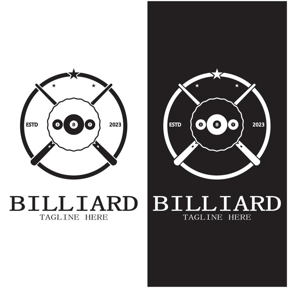 einfach Billard Logo Vorlage Illustration mit Billard- Bälle und Stöcke, Gestaltung zum Billard Stand, Billard Geschäft, Rechnungen Wettbewerb, mobil Billard Spiel, App, Abzeichen, Billard Sport, Vektor