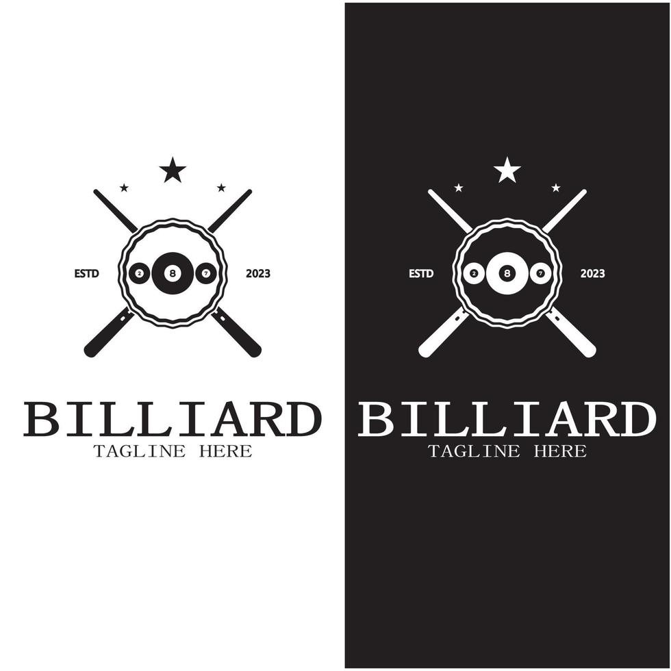 einfach Billard Logo Vorlage Illustration mit Billard- Bälle und Stöcke, Gestaltung zum Billard Stand, Billard Geschäft, Rechnungen Wettbewerb, mobil Billard Spiel, App, Abzeichen, Billard Sport, Vektor