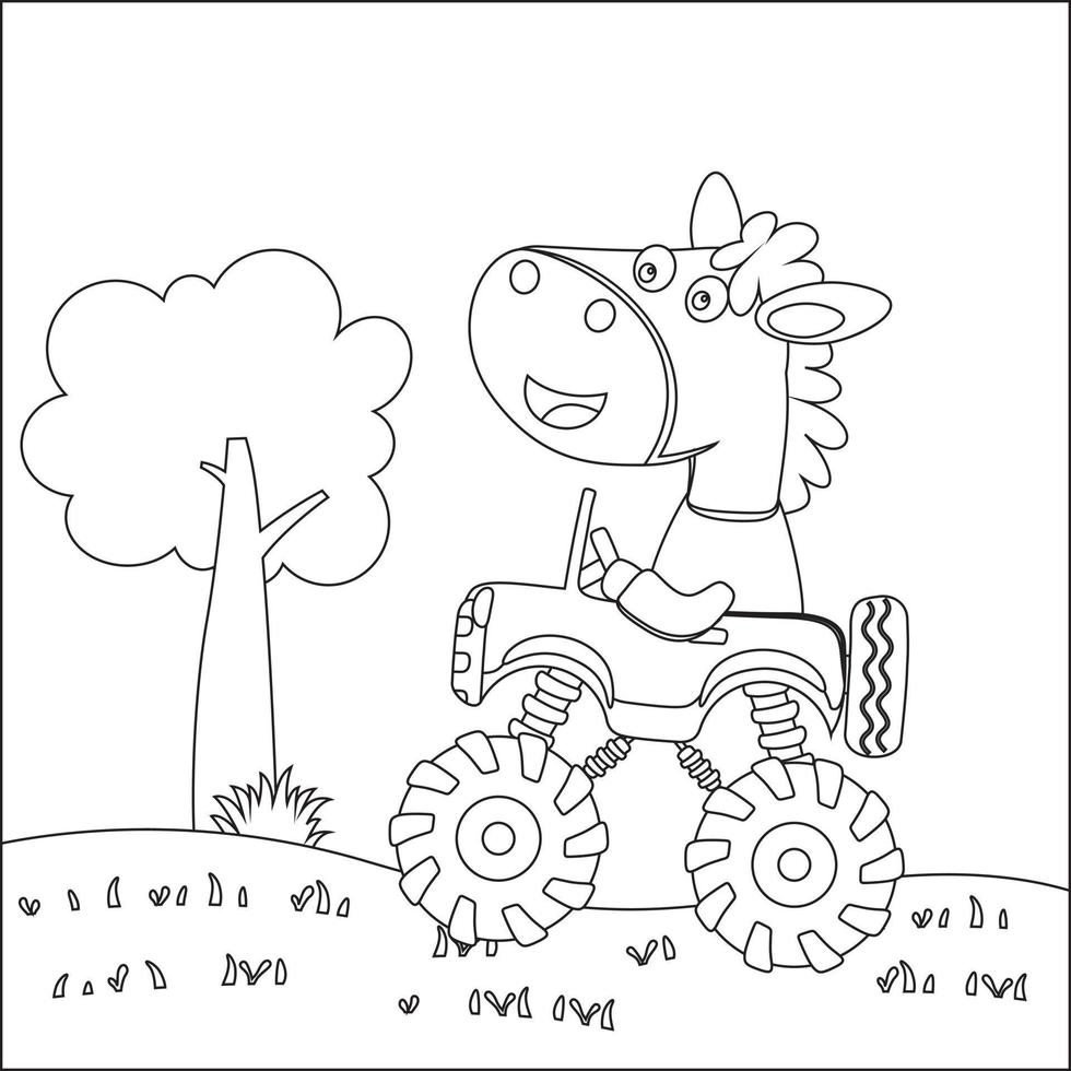 süß wenig Pferd Fahren ein Monster- Auto gehen zu Wald komisch Tier Karikatur, Karikatur isoliert Vektor Illustration, kreativ Vektor kindisch Design zum Kinder Aktivität Färbung Buch oder Buchseite.