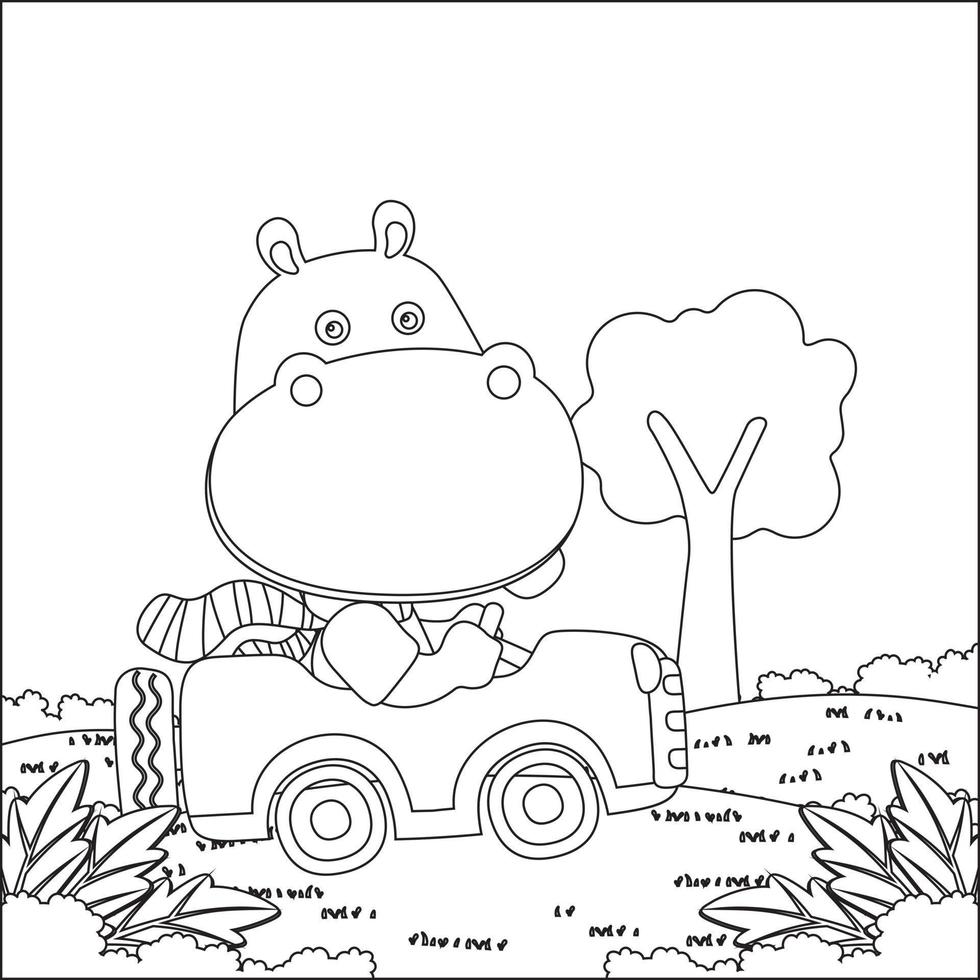 Vektor Karikatur von komisch Tier Fahren Auto im das Dschungel. Karikatur isoliert Vektor Illustration, kreativ Vektor kindisch Design zum Kinder Aktivität Färbung Buch oder Buchseite.