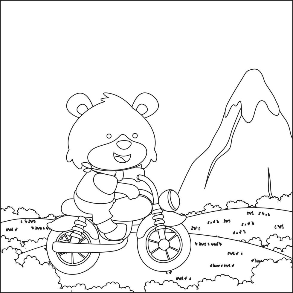 süß wenig Bär Reiten Fahrrad. modisch Kinder Grafik mit Linie Kunst Design Hand Zeichnung skizzieren Vektor Illustration zum Erwachsene und Kinder Färbung Buch.