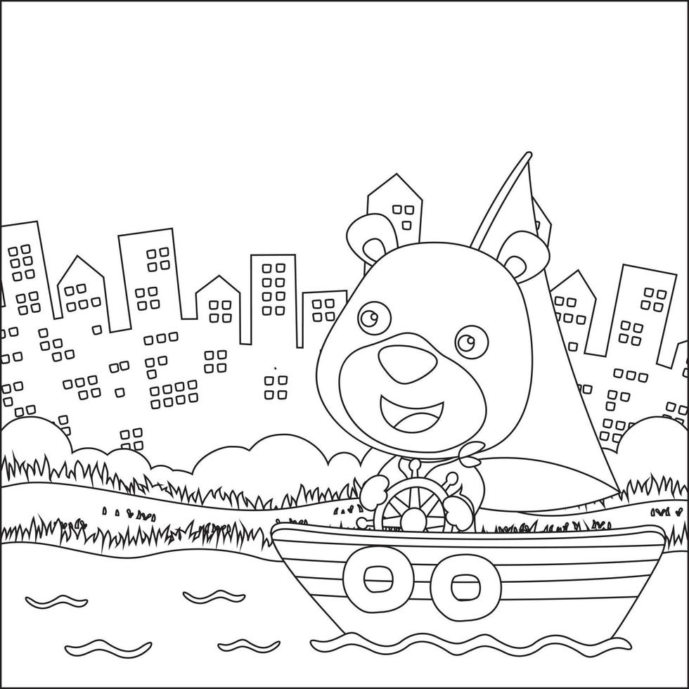 rolig djur- tecknad serie vektor på liten båt med tecknad serie stil, trendig barn grafisk med linje konst design hand teckning skiss för vuxen och barn färg bok eller sida
