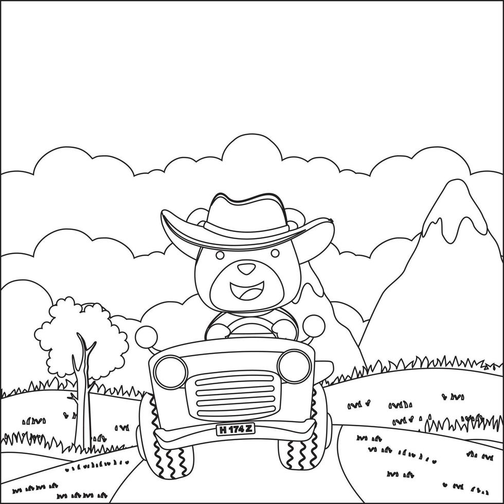 söt djur- tecknad serie har roligt körning av väg bil på solig dag. tecknad serie isolerat vektor illustration, kreativ vektor barnslig design för barn aktivitet färg bok eller sida.