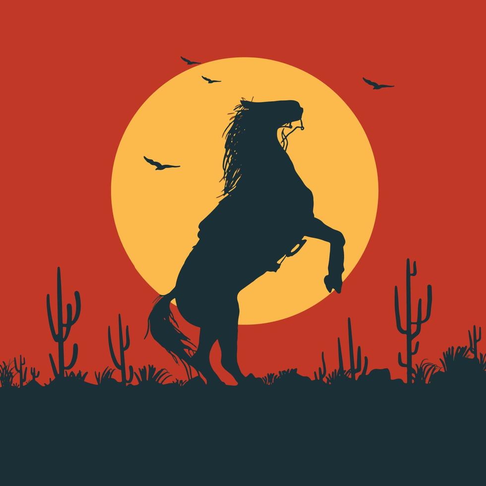 mustang häst solnedgång landskap scen cowboy vild väster. Västra cowboys silhuett vektor illustration. vild väst Amerika scen med tecknad serie cowboy på häst i öken- med kaktus.