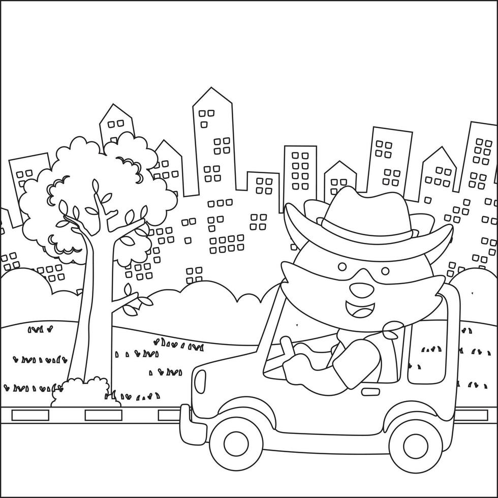 söt liten räv tecknad serie har roligt körning av väg bil på solig dag. tecknad serie isolerat vektor illustration, kreativ vektor barnslig design för barn aktivitet färg bok eller sida.