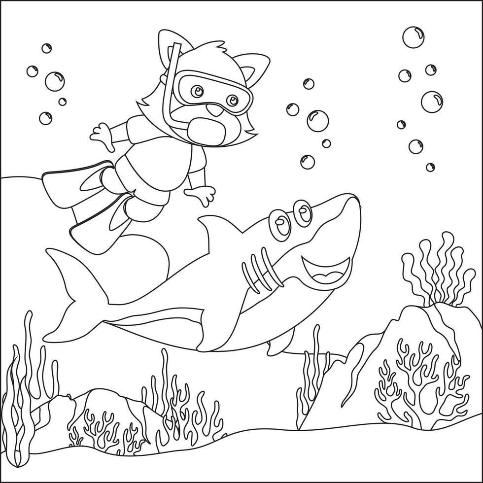 Vektor Karikatur Illustration von wenig Tier Tauchen unter Meer mit Karikatur Stil kindisch Design zum Kinder Aktivität Färbung Buch oder Buchseite.
