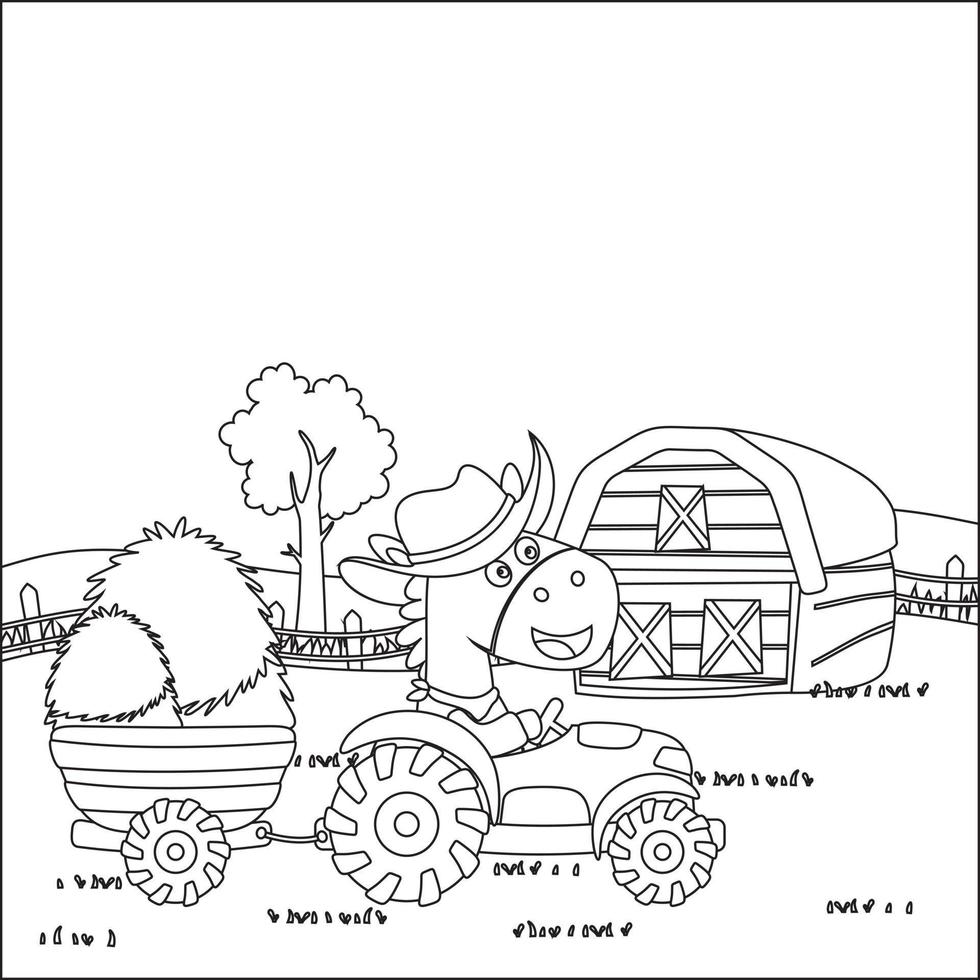 Farmer Pferd Fahren ein Traktor. Vektor Abbildunga süß und Spaß Bauernhof Szene mit Bauernhof Haus. Karikatur isoliert Vektor Illustration, kreativ Vektor kindisch Design zum Kinder Aktivität Färbung Buch.