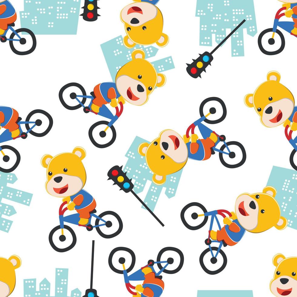 nahtlos Muster von süß Tier Reiten ein Gelb Fahrrad. können Sein benutzt zum T-Shirt drucken, Kinder tragen Mode Design, Einladung Karte. Stoff, Textil, Kindergarten Hintergrund, Poster und andere Dekoration. vektor
