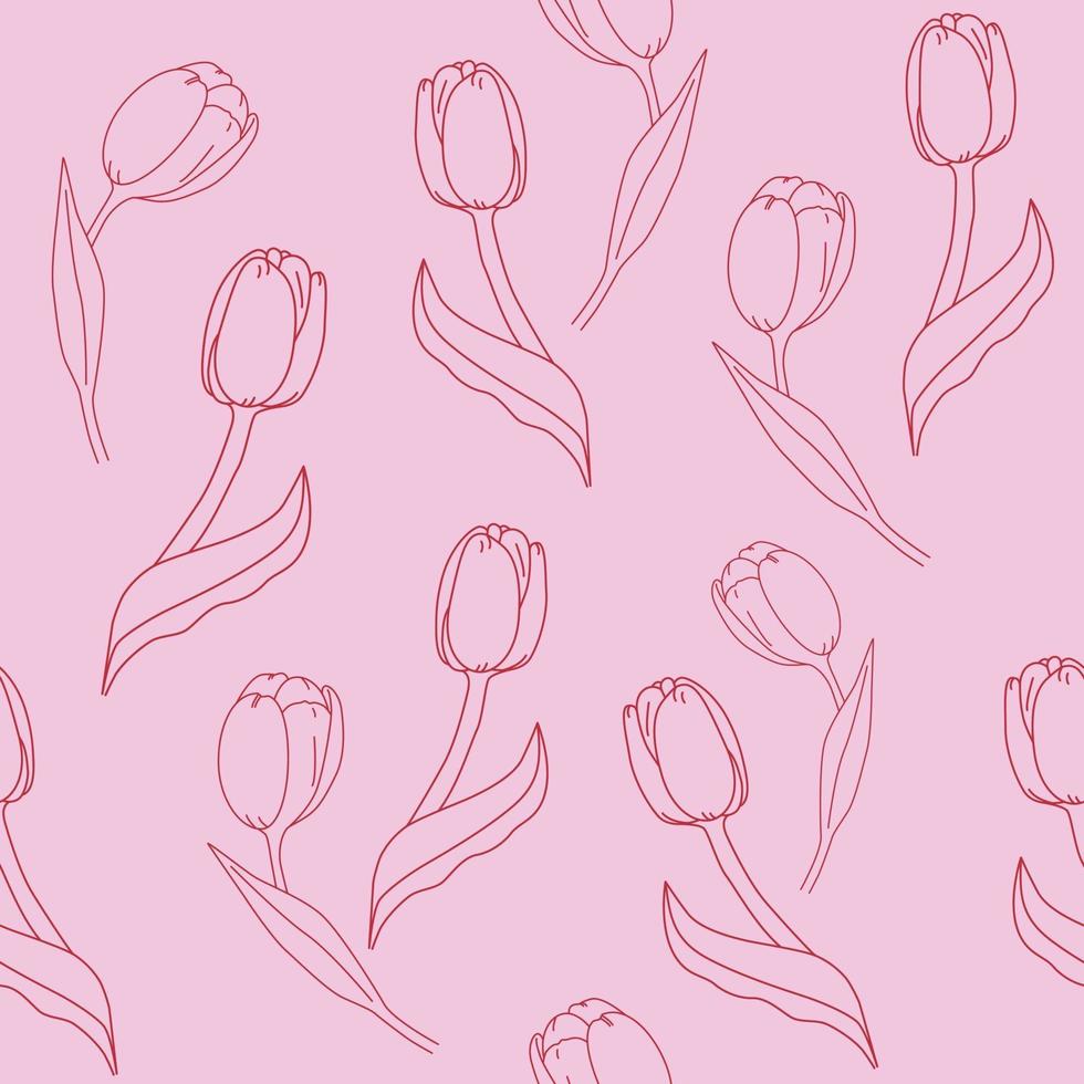 nahtloses Muster mit roten Tulpen auf einem rosa Hintergrund. Blumenhintergrundvektorillustration. vektor