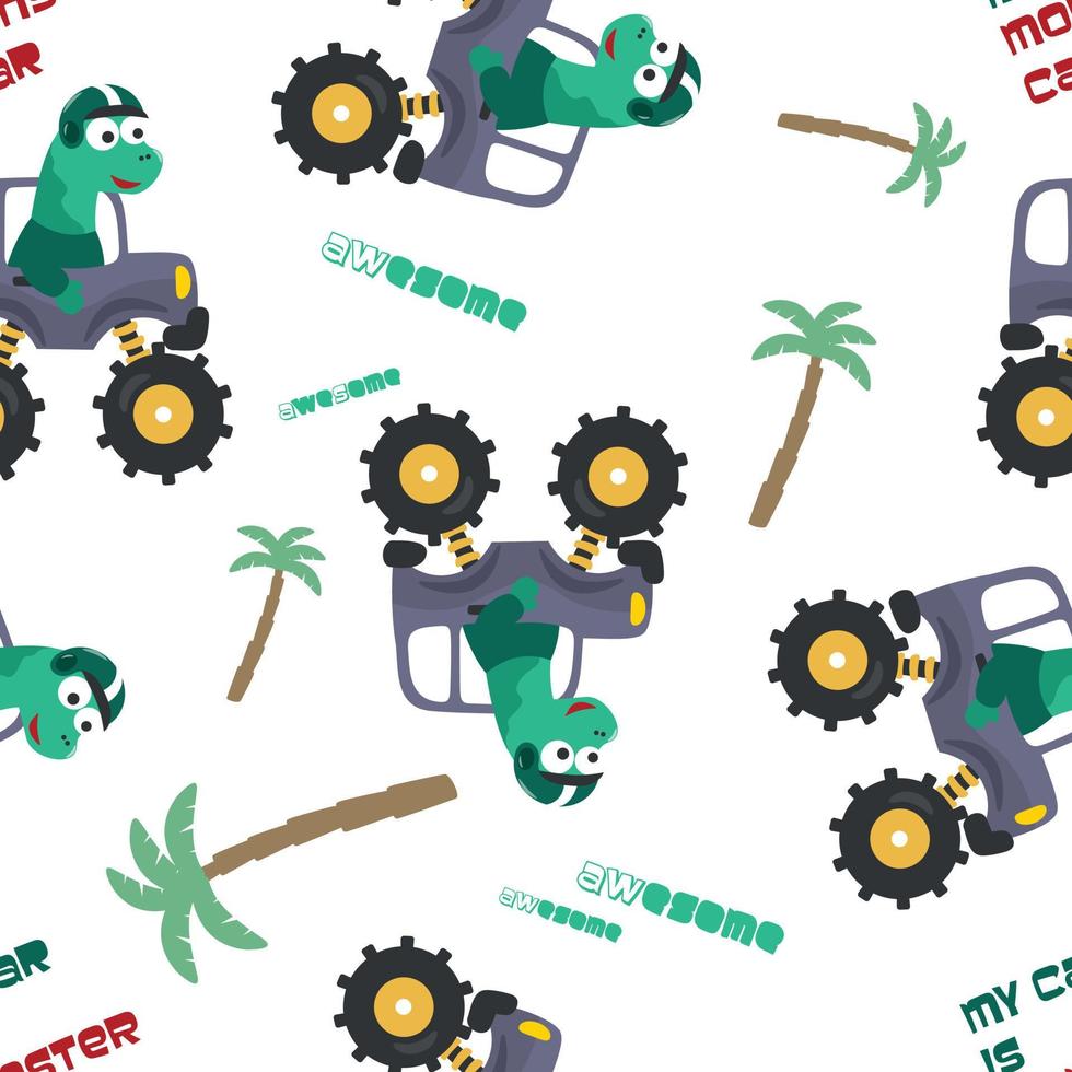nahtlos Muster von Dinosaurier Reiten Monster- LKW mit Karikatur Stil. kreativ Vektor kindisch Hintergrund zum Stoff Textil, Kindergarten Hintergrund, Baby Kleidung, Verpackung Papier und andere Dekoration