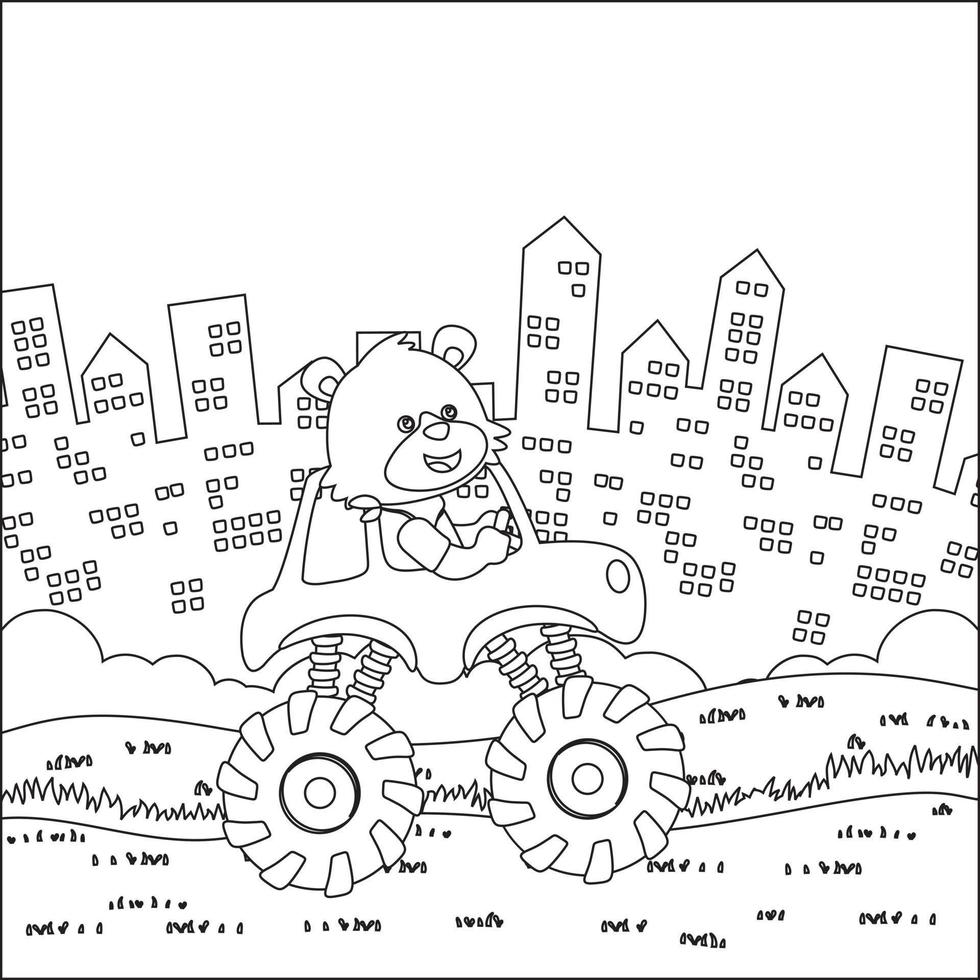 söt liten räv tecknad serie har roligt körning av väg bil på solig dag. tecknad serie isolerat vektor illustration, kreativ vektor barnslig design för barn aktivitet färg bok eller sida.