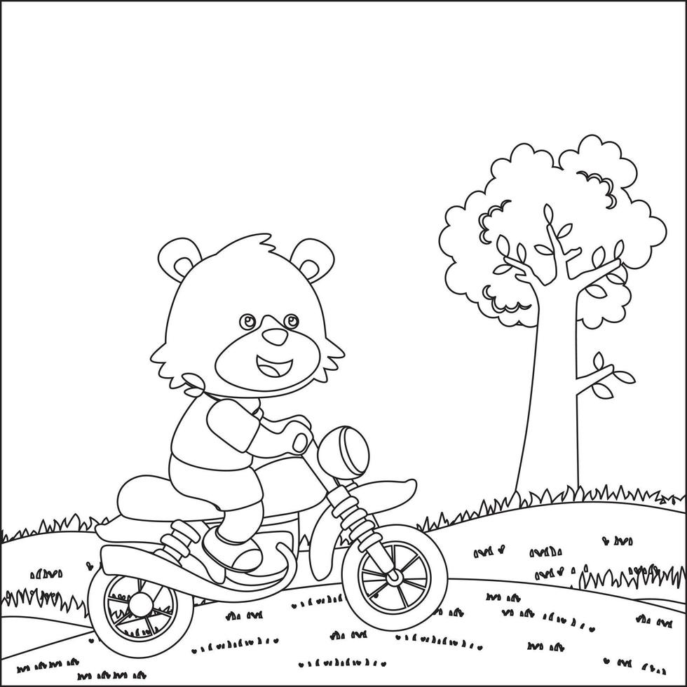 Vektor Illustration von süß wenig Bär Reiten ein Motorrad, modisch Kinder Grafik mit Linie Kunst Design Hand Zeichnung skizzieren Vektor Illustration zum Erwachsene und Kinder Färbung Buch.